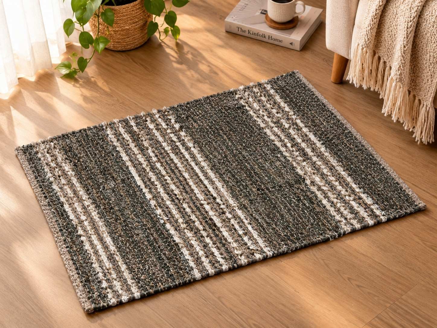 Charcoal & Cream Handwoven Striped Rug — image 1